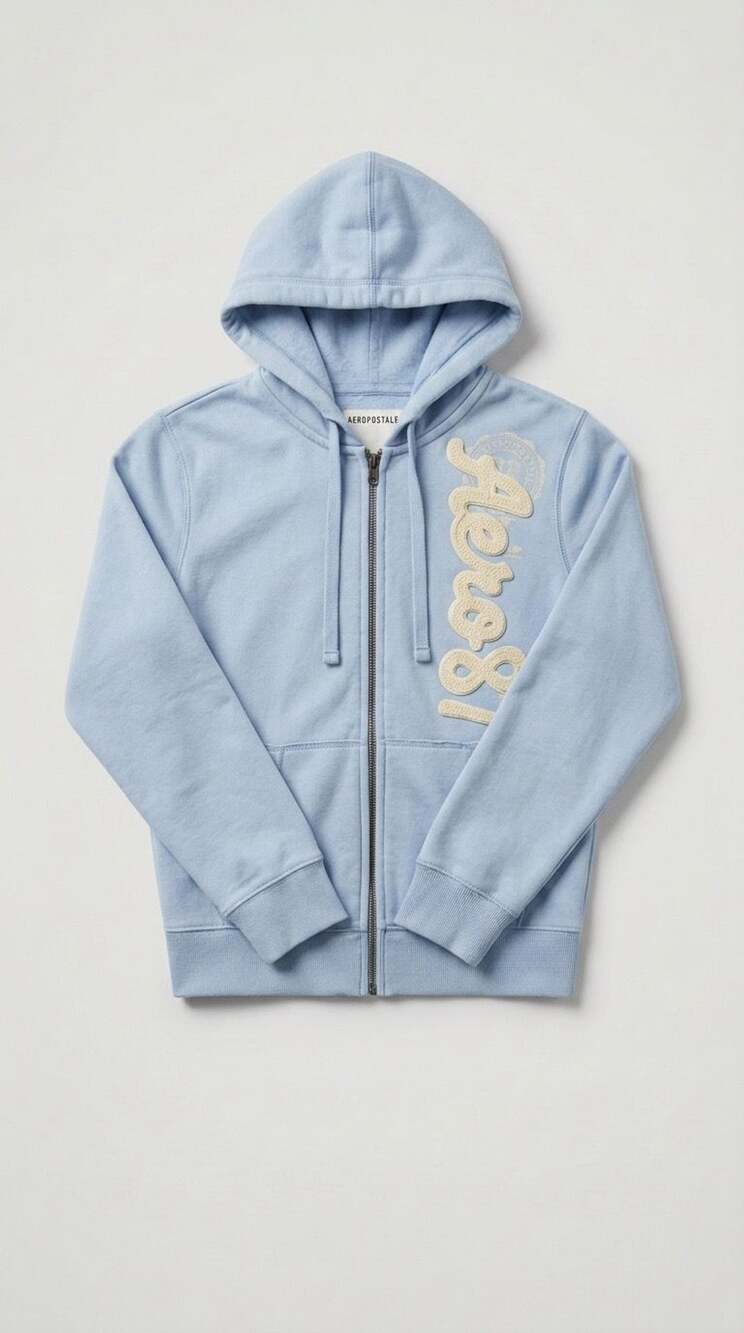 Y2K Aeropostale Vintage Light Blue Full-Zip Hoodie with Applique Logo Size L